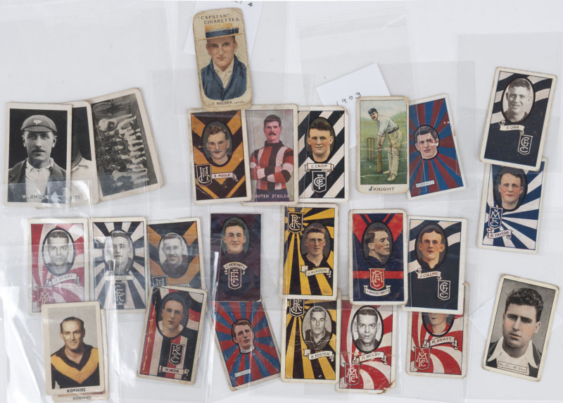 CIGARETTE & TRADE CARDS: A small collection of cricket & Australian Rules Football cards from various manufacturers including Wills, Allens, MacRobertson's, Chums, Kornies, John Player, J.J. Schuh, etc. Very mixed condition. (Total: 68).
