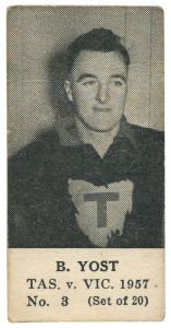 TASMANIA v VICTORIA SERIES (UNKNOWN PUBLISHER, BLANK BACKS): B. YOST,  No.3 from the complete set of 20. 