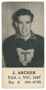 1957 TASMANIA v VICTORIA SERIES (UNKNOWN PUBLISHER, BLANK BACKS): J. ARCHER, No.6 from the complete set of 20. 