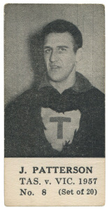 1957 TASMANIA v VICTORIA SERIES (UNKNOWN PUBLISHER, BLANK BACKS): J. PATTERSON, No.8 from the complete set of 20. 