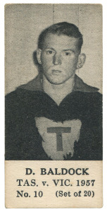 1957 TASMANIA v VICTORIA SERIES (UNKNOWN PUBLISHER, BLANK BACKS): D. BALDOCK, No.10 from the complete set of 20. 