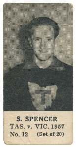 1957 TASMANIA v VICTORIA SERIES (UNKNOWN PUBLISHER, BLANK BACKS): S. SPENCER, No.12 from the complete set of 20. 