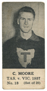 1957 TASMANIA v VICTORIA SERIES (UNKNOWN PUBLISHER, BLANK BACKS): C. MOORE, No.13 from the complete set of 20. 