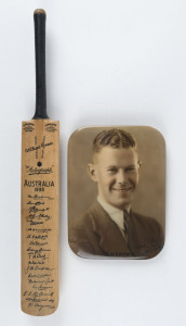A miniature William Gunn "Autograph" bat headed "AUSTRALIA 1938" with the signatures of the whole squad including Bradman, McCabe, O'Reilly and Bill Brown, who also features on a fine laminated portrait photograph by Sidney Riley, Brisbane which has been encased and laminated. (2 items).