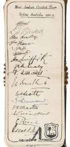 A wonderful autograph book with illustrated title page dated 1925 and featuring a double page "WEST INDIAN CRICKET TEAM VISITING AUSTRALIA 1920-31", New South Wales and Victoria teams 1927; a page featuring the England Team, 3rd Test Melbourne 1928-29 headed "Please autograph for Don Bradman" (in his hand); a wonderful illustrated page headed "ENGLISH WOMEN'S CRICKET TEAM Touring Aust. 1934-5"; "STH AFRICANS 1931-2"; "AUSTRALIAN ELEVEN 1931"; and more.