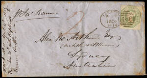 1856(Apr.5) usage of 1/- embossed, Die 2 (SG.56), cut square, on a cover to Sydney, Aust., cancelled with a Liverpool spoon 'P14'. With red ms. "2" and endorsed at left "W. McA, No.11, April 4th 1856 ....duplicate to Francis Broths", b/stamped Sydney "JU*