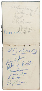 AUTOGRAPH BOOK: A mid-1950s book featuring the 1955 RICHMOND team including Ray Poulter, Des Rowe, Tommy Hafey, John Nix, Alan Cations and 16 others plus the selectors and secretary; the 1955 HAWTHORN team including John Kennedy, Graham Arthur, John Peck, Ray Simmonds and Ray Yoeman and 20 others; also, a page of autographs from the Russian swimming team at the 1956 Olympics.