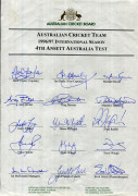 AUSTRALIA: A late 1980's printed team sheet from an A.C.S. (Adelaide Branch) reunion of the 1948 AUSTRALIAN CRICKET TOURING TEAM TO ENGLAND with 14 original signatures including Bradman, Hassett, Brown, Harvey, Lindwall, Miller and Morris. (Lacking only t - 2