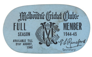 MELBOURNE CRICKET CLUB: 1944-45 Full Member membership ticket, with black printed text on pale blue background, numbered No.388 on reverse.The traditional metal and enamel membership badge was not produced in 1944 due to metal rationing efforts during World War Two.