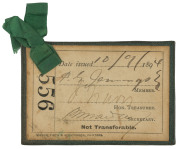 MELBOURNE CRICKET CLUB: 1894-95 Membership ticket, No.556 for Mr.P.G.Jennings; green leather with gold embossed date to reverse, with original green ribbon still attached.  - 2