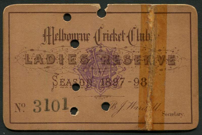 MELBOURNE CRICKET CLUB: 1897-98 Ladies Reserve Membership Ticket, No.3101 for C.J. Boden. (tape repair).