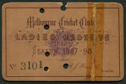 MELBOURNE CRICKET CLUB: 1897-98 Ladies Reserve Membership Ticket, No.3101 for C.J. Boden. (tape repair).