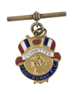 FOOTSCRAY'S FIRST PREMIERSHIP: Footscray Football Club COMMITTEE Member's badge with original bar; made by Stokes; engraved on reverse "Member 1st Premiership 1954". Extremely scarce and the first example we have offered.