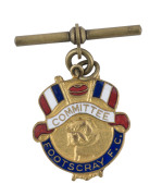 FOOTSCRAY'S FIRST PREMIERSHIP: Footscray Football Club COMMITTEE Member's badge with original bar; made by Stokes; engraved on reverse "Member 1st Premiership 1954". Extremely scarce and the first example we have offered.