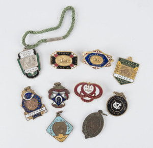 A collection of vintage membership badges including VRC 1914-15, Tattersalls Melbourne 1927-28, AJC 1928-29, VRC 1937-38, VRC 1939-40, VRC 1948-49, Geelong RC 1955-56 and several more. (10 items).