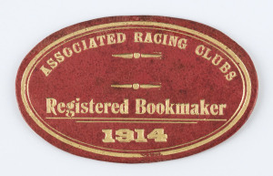 ASSOCIATED RACING CLUBS (NSW): 1914 Registered Bookmaker card; red leather with gold embossing. Handstamped "SAMPLE" from the manufacturer, Ross Bros., Kent St., Sydney.