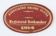 ASSOCIATED RACING CLUBS (NSW): 1914 Registered Bookmaker card; red leather with gold embossing. Handstamped "SAMPLE" from the manufacturer, Ross Bros., Kent St., Sydney.