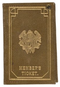 WILLIAMSTOWN RACING CLUB: 1908-09 Member's Ticket wallet, No.147, issued to Mr. E. Reed; olive leather with gold embossing. Still contains additional Lady's Tickets (#147 & 147A).