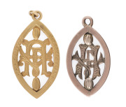 FRANKSTON FOOTBALL CLUB, circa 1910-20: Two 9ct gold vintage fobs created on behalf of the Frankston Football Club. The earlier one made by Blashki and with engraved "15" on reverse shows a winged football and large letter "F". The later example, engraved