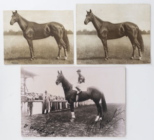 PHAR LAP: Two contemporary photo-lithographs of Phar Lap depicted in a paddock; 17.5 x 21.5cm and 15.5 x 20.5cm; also, a reproduction photograph of Phar Lap with jockey G.J. "Cashy" Martin in the saddle. (3 items).