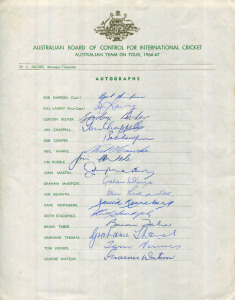 A nice group comprising 4 official team sheets for the AUSTRALIAN TEAM ON TOUR, 1966-67 (Simpson, Captain; Lawry, V.C., Ian Chappell, Stackpole, Hawke, etc.), ENGLAND in Australia/New Zealand 1990/91 (Gooch, Captain; Lamb, V.C.; Atherton, Gower, Malcolm, Stewart, Tufnell); WEST INDIES Tour of AUSTRALIA 1992/93 (Richardson, Adams, Ambrose, Benjamin, Lara); AUSTRALIA v PAKISTAN Test Squad 2002 (Steve Waugh, Captain; Gilchrist, V.C.; Gillespie, Hayden, McGrath, Ponting, Warne). (69 signatures)