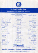 A nice group comprising 4 official team sheets for the AUSTRALIAN TEAM ON TOUR, 1966-67 (Simpson, Captain; Lawry, V.C., Ian Chappell, Stackpole, Hawke, etc.), ENGLAND in Australia/New Zealand 1990/91 (Gooch, Captain; Lamb, V.C.; Atherton, Gower, Malcolm, - 2