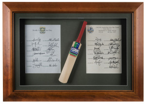 AUSTRALIA v SOUTH AFRICA 1997/98: A pair of fully signed team sheets for the first One Day International on 4 Dec.1997 at the S.C.G. Mounted together with a miniature bat. The Australian team featured Steve Waugh, Adam Gilchrist, Mark Waugh and Shane Warne. The South Africans included Hansie Cronje, Shaun Pollock, Gary Kirsten and Jacques Kallis. Overall 57 x 79cm.