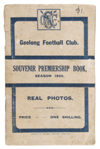 GEELONG 1925: "Geelong Football Club SOUVENIR PREMIERSHIP BOOK, SEASON 1925" REAL PHOTOS." Published by Ernest G. Deller, Printer, Geelong. A small booklet incorporating 11 postcard sized photographs of the huge crowd, players, action pics, celebrations, 