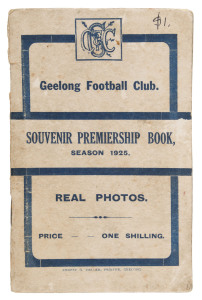 GEELONG 1925: "Geelong Football Club SOUVENIR PREMIERSHIP BOOK, SEASON 1925" REAL PHOTOS." Published by Ernest G. Deller, Printer, Geelong. A small booklet incorporating 11 postcard sized photographs of the huge crowd, players, action pics, celebrations, the team listing, etc. Back cover records the "FINAL SCORES - GEELONG 10-19 79 Pts., COLLINGWOOD 9-15 69Pts." Only the second example we have offered. The previous example, in relatively poor condition sold in our auction of August 2017 fo