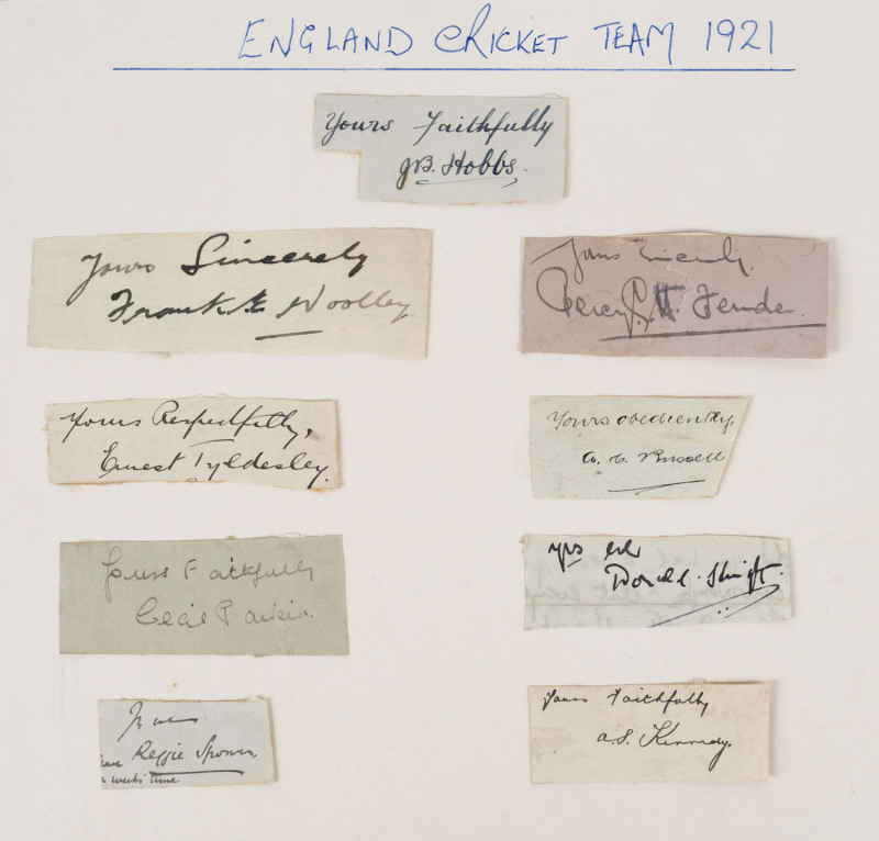 ENGLAND TEST TEAM - 1921: Nine pen signatures attractively laid down on a card, comprising Jack Hobbs (61 Tests), Frank Woolley (64 Tests), Ernest Tyldesley (14 Tests), Cecil Parkin (10 Tests), Reggie Spooner (10 Tests), Percy Fender (13 Tests), Jack Russ