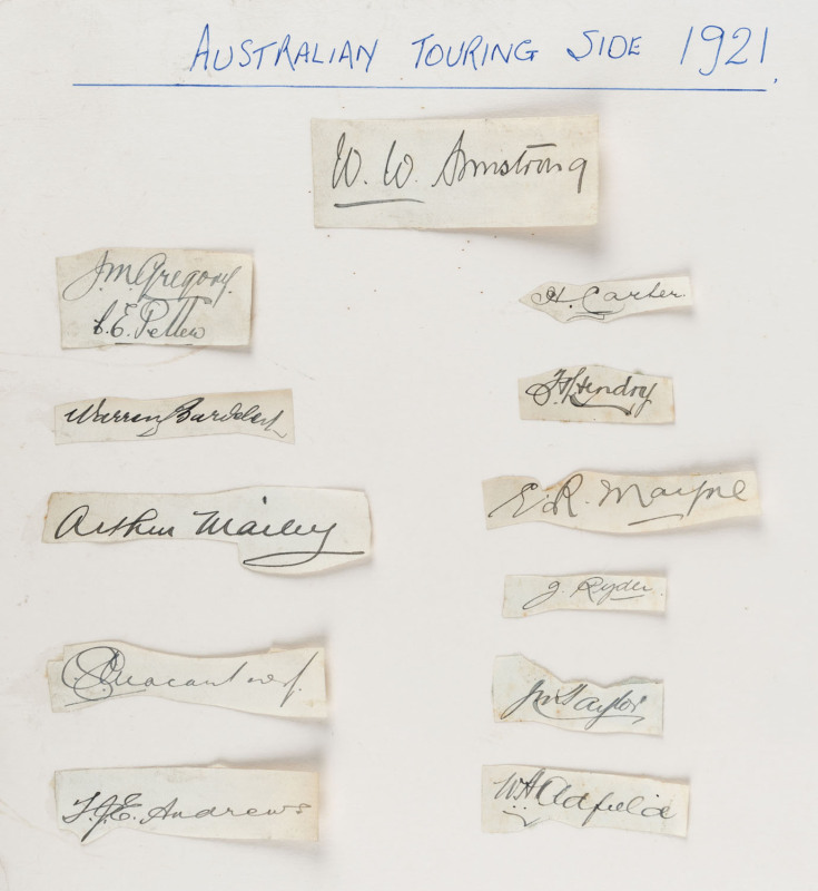 THE AUSTRALIAN TOURING SIDE - 1921: 13 original signatures cut from an autograph book and laid down on card. All strong ink with W.W. Armstrong (Capt.) at the top, followed by Tommy Andrews, Edgar Mayne, Jack Ryder, Stork Hendry, Hanson Carter, Arthur Mai