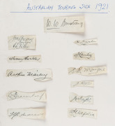 THE AUSTRALIAN TOURING SIDE - 1921: 13 original signatures cut from an autograph book and laid down on card. All strong ink with W.W. Armstrong (Capt.) at the top, followed by Tommy Andrews, Edgar Mayne, Jack Ryder, Stork Hendry, Hanson Carter, Arthur Mai