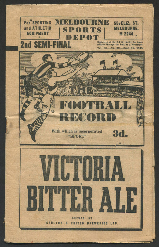 The Football Record: 2nd Semi-Final - Richmond v Essendon, 11th September 1943. Although Richmond lost the 2nd Semi they went on to win the Grand Final by defeating Essendon 12.14 (86) to 11.15 (81), in front of a crowd of 42,100 (approx.) people.