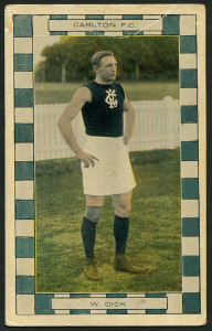 CARLTON: Champion Footballers Series: William Dick postcard, circa 1915. Unused. Rarity rating: 10. Minor wrinkling at top.