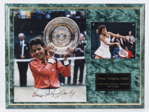 EVONNE GOOLAGONG CAWLEY photographic display with full original signature in pen. Superstars & Legends guarantee sticker on reverse. Overall 30.5 x 41cm.