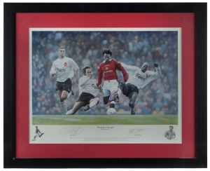 RYAN GIGGS - MANCHESTER UNITED: A limited edition reproduction [197/495] of an original painting by Keith Fearon, titled "Breaking Through"; signed by Giggs and the artist. Attractively framed, overall 66 x 81cm.