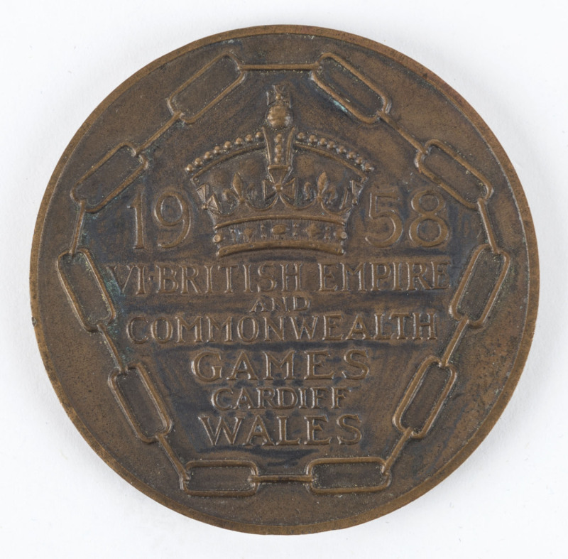 1958 BRITISH COMMONWEALTH GAMES IN CARDIFF, Participation Medal "1958 VI British Empire and Commonwealth Games, CardiffWales" on obverse, 55mm diameter.