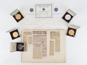 PAM KILBORN: Australian athlete who would go on to win medals at the 1964 and 1968 Olympics: An archive collected during her 1960-61 domestic season, comprising of her scrapbook, her British Empire & Commonwealth Athletics Record certificates for two records achieved in the 80 Metre Hurdles, together with the Victorian Women's Amateur Athletics Association Gold Medals in original Stokes cases; the certificate for her record 100 Metre run, together with the gold medal in Stokes case; + 2 others.