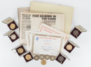 PAM KILBORN: 1962-63 SEASON: Archive including Kilborn's scrapbooks (3) for 1962-63, including Indonesia Trip & Perth Commonwealth Games; Australian Championships medals (4 gold - 80m Hurdles, Long Jump, Pentathlon, 4 x 110Yds Relay); Victorian Championsh