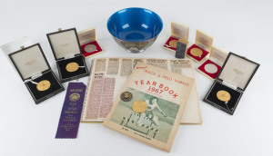 PAM KILBORN'S 1966-67 SEASON - THE LEAD-UP TO MEXICO: An archive including British Commonwealth Team's Trip to Los Angeles: with Kilborn's scrapbook for 1966-67; Silver-Plated rose bowl, with badge "Los Angeles Times International Games 1967" engraved "First Place, Women's 80-Meter Hurdles", together with ribbon & programme "USA v British Commonwealth"; Australian Championships medals (4 gold - 80m Hurdles, Long Jump, Pentathlon & 4x100m Relay); Victorian Championships medals (2 gold & 2 silver)