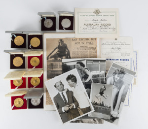 PAM KILBORN'S 1967-68 SEASON: An archive including Kilborn's scrapbook for 1967-68; Australian Championships medals (4 gold - 80m Hurdles, 100m Hurdles, Pentathlon & 4x100m Relay; also 2 silver - 100m & Long Jump); Victorian Championships medals (3 gold & silver); British Commonwealth Record Certificate; Australian Record Certificate; South Australia Record Certificates (8); Victoria Record Certificate; photographs (6); etc.