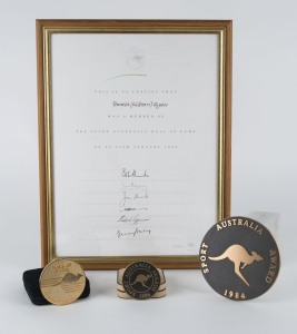 PAMELA (KILBORN) RYAN'S "SPORT AUSTRALIA - HALL OF FAME" MEDAL, engraved on reverse in the original presentation case; together with her HAll of Fame Certificate issued on Australia Day 1988, together with medals/plaques created for the Sports Australia Awards in 1984 and 1986. (4 items).