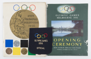 1956 MELBOURNE OLYMPICS: Group with blazer pocket "(Olympic Rings)/OLYMPIC GAMES/1956/OFFICIAL"; Opening Ceremony programme (minor faults); booklet "The Games of the Sixteenth Olympiad, Melbourne MCMLVI". Ex Ted Hanlon, Australian Amateur Weightlifting Federation President. (3 items).
