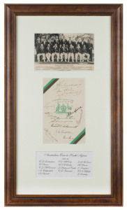 THE AUSTRALIAN CRICKET TEAM IN SOUTH AFRICA 1935-36 Attractively framed display comprising an Official Programme for the Tour signed on the front by all 14 players including Victor Richardson (Captain), Stan McCabe (VC), Bill Brown, Jack Fingleton, Clarrie Grimmett and Bert Oldfield; mounted together with a team picture and a caption listing all the Australian participants. Overall 54 x 32cm.