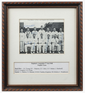 FIRST TEST, TRENT BRIDGE, JUNE 1948 The English Team, signed picture with 11 signatures including Laker, who top-scored (63) in England's 1st Innings and took 4 wickets in Australia's 1st, Hutton, who made 74 in England's 2nd Innings, Bedser, who dismisse