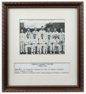 FIRST TEST, TRENT BRIDGE, JUNE 1948 The English Team, signed picture with 11 signatures including Laker, who top-scored (63) in England's 1st Innings and took 4 wickets in Australia's 1st, Hutton, who made 74 in England's 2nd Innings, Bedser, who dismissed Bradman for 0 in the 2nd Innings, Evans, Edrich and Washbrook. Framed & glazed, overall 25 x 22.5cm.