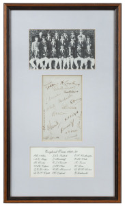 THE ENGLISH TEAM IN AUSTRALIA 1936-37 An attractive display comprising a team photograph plus an autograph page signed by all 14 players who appeared in the Test matches plus 3 other members of the touring party, including Wally Hammond, who top scored (2