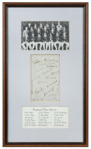 THE ENGLISH TEAM IN AUSTRALIA 1936-37 An attractive display comprising a team photograph plus an autograph page signed by all 14 players who appeared in the Test matches plus 3 other members of the touring party, including Wally Hammond, who top scored (231 n.o.) and made the most runs (468) for England, Les Ames, who took 13 catches, Bill Voce, who took 26 wickets, the captain, Gubby Allen and Maurice Leyland, who made 441 runs. Framed & glazed, overall 46 x 27cm.