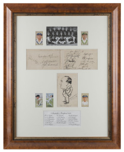 An attractive display comprising 18 signatures on two autograph pages, a formal photograph of the touring party, 5 cigarette cards and an original pen and ink caricature of the "Team Manager" by Arthur Mailey, a member of the Australian Team. Other signatories include Bardsley, Grimmett, Macartney (who top-scored with 473 for the Australians), Ponsford, Richardson and Woodfull. Framed & glazed, overall 64 x 50cm.