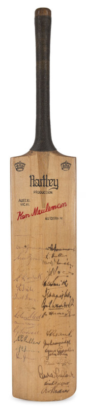 A "KEN MEULEMAN AUST XI. VIC XI. AUTOGRAPH" bat, signed to the front of the blade by 1946-48 Australian and English teams, and on reverse by the Indian team which visited Australia 1947-48. A total of 47 signatures including Don Bradman, Sid Barnes, Keith